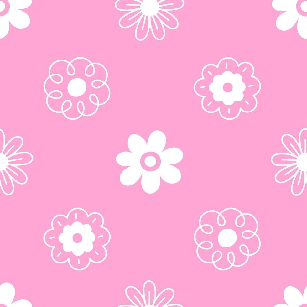 Pink Flowers Seamless Pattern in Doodle style vector