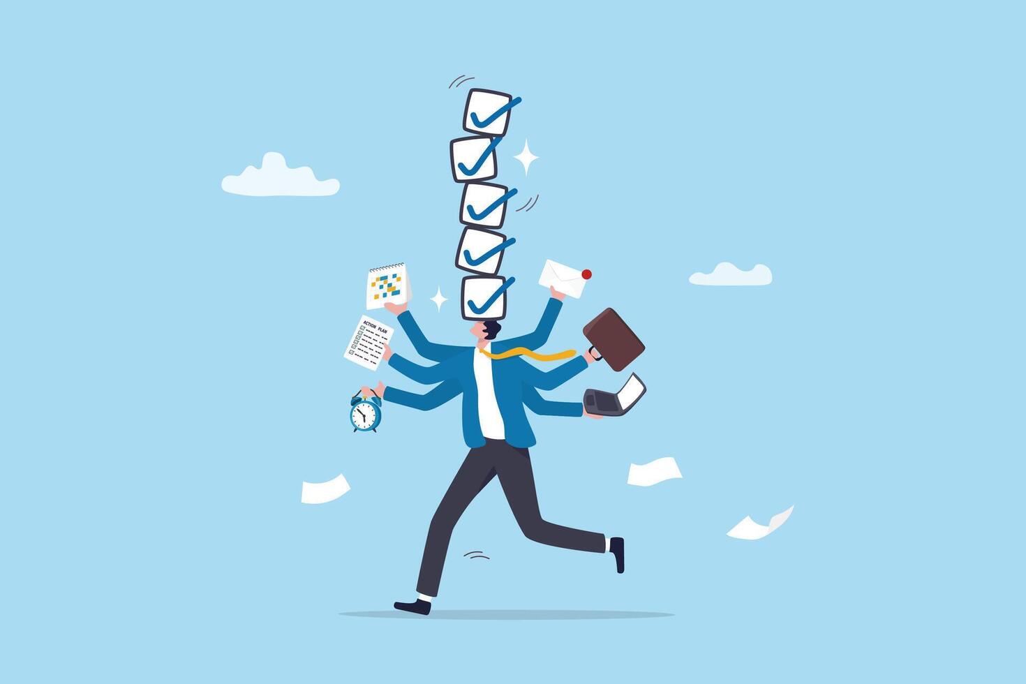 Productivity or efficiency, manage busy work to finish task or checklist, solving overworked and develop time management strategy, busy businessman holding work stuff with finishing checklist tasks. vector