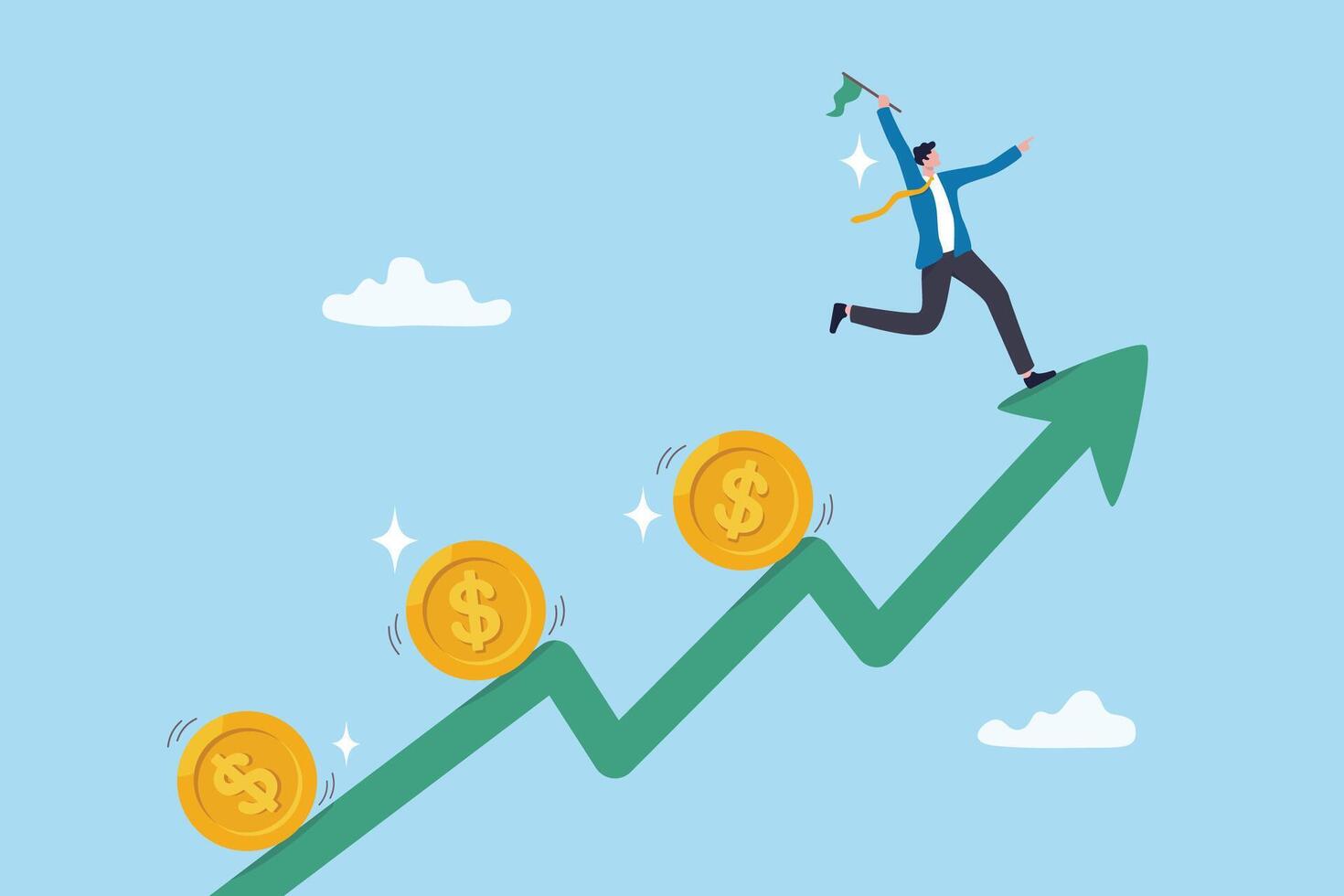 Investment growth, rising economic make money profit, earning or saving, wealth increase, income or growing revenue concept, businessman leading investment dollar money coin up on rising graph arrow. vector