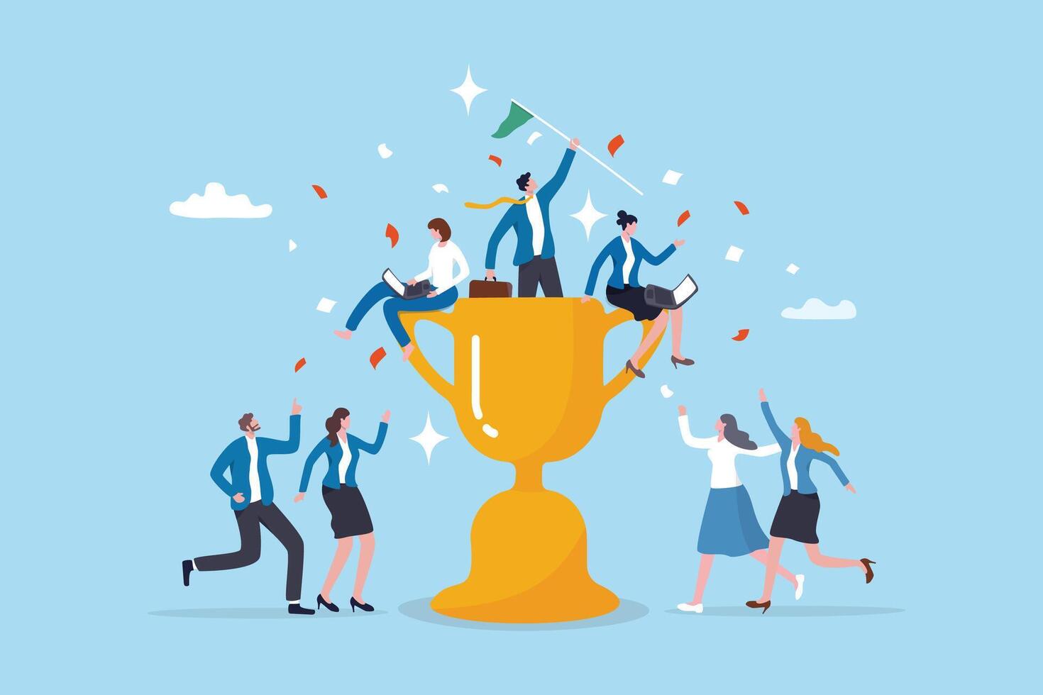 Team success winning trophy, reach business goal together, teamwork or partnership to win or succeed, motivation or leadership concept, business people greeting victory on winning success trophy vector
