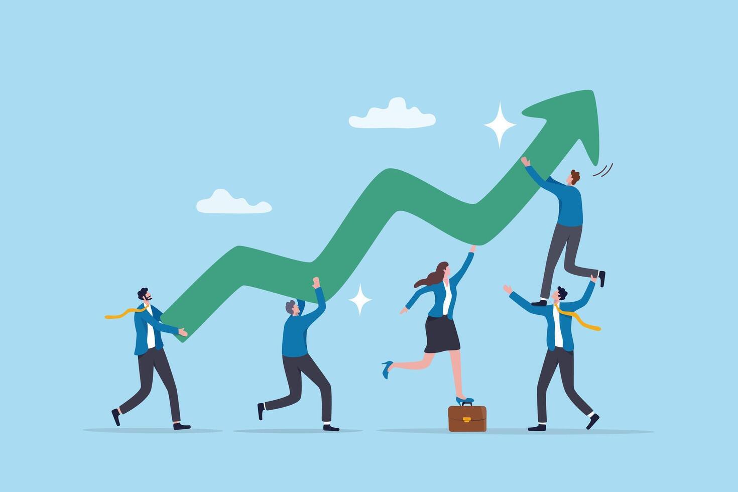 Teamwork support, collaboration for team success, colleague helping or effort to progress to achievement, cooperation, synergy concept, business people colleague help carry growing success arrow. vector