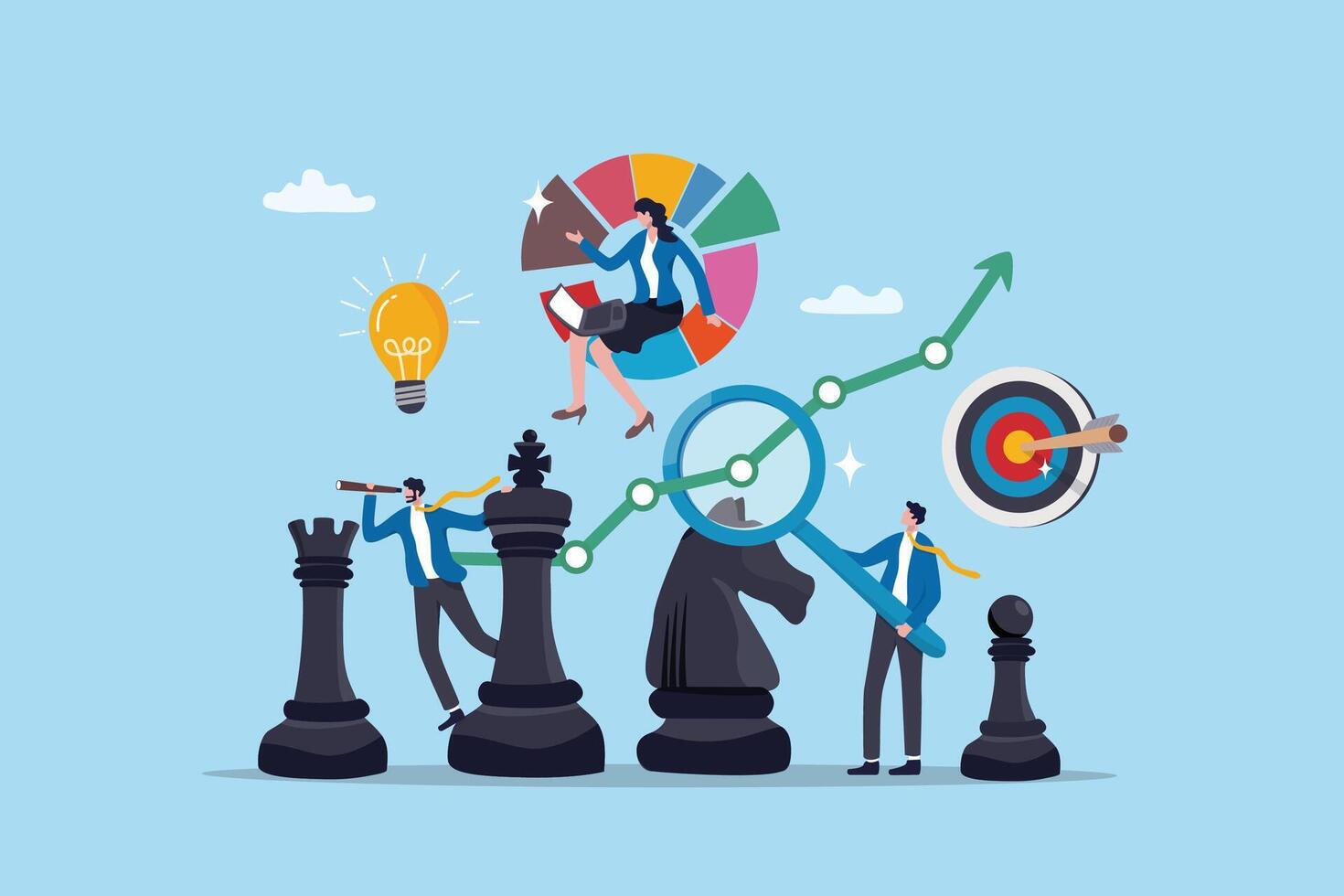 Strategy management, success planning or solution development, business improvement or growth analysis, intelligence insight information, business people help analyze strategy management chess pieces. vector