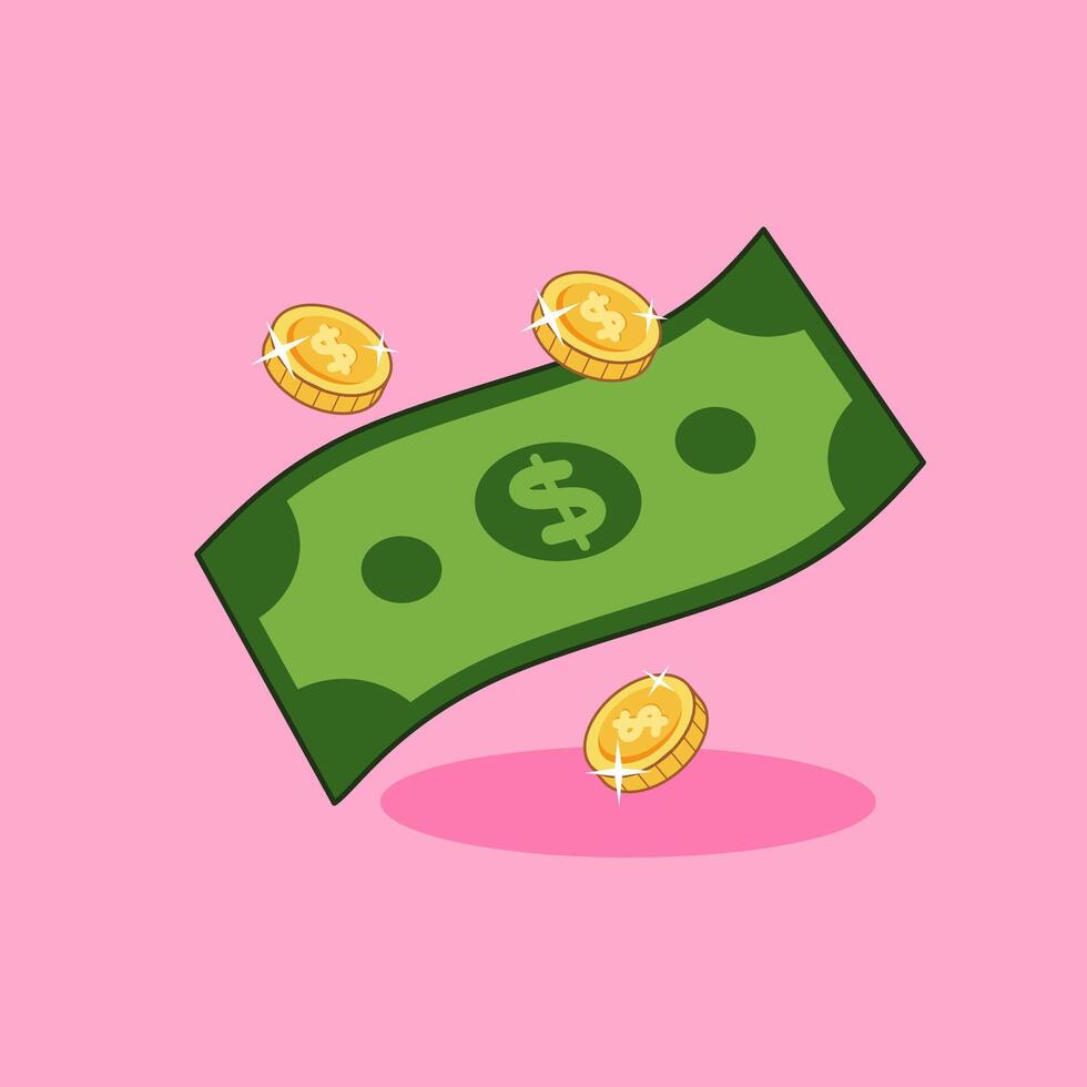 A Piece of Paper Money and Coins Floating Illustration Cartoon Design vector
