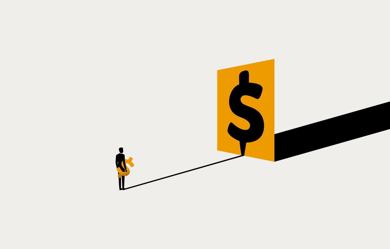 Businessman seeing his own shadow as large dollar symbol, investment forecasting, financial growth opportunities concept, minimal business design. vector