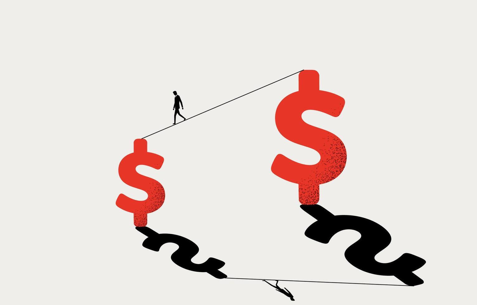 Businessman walking from big dollar sign to the smaller one, economic recession, shrinking business income concept, minimal business design. vector