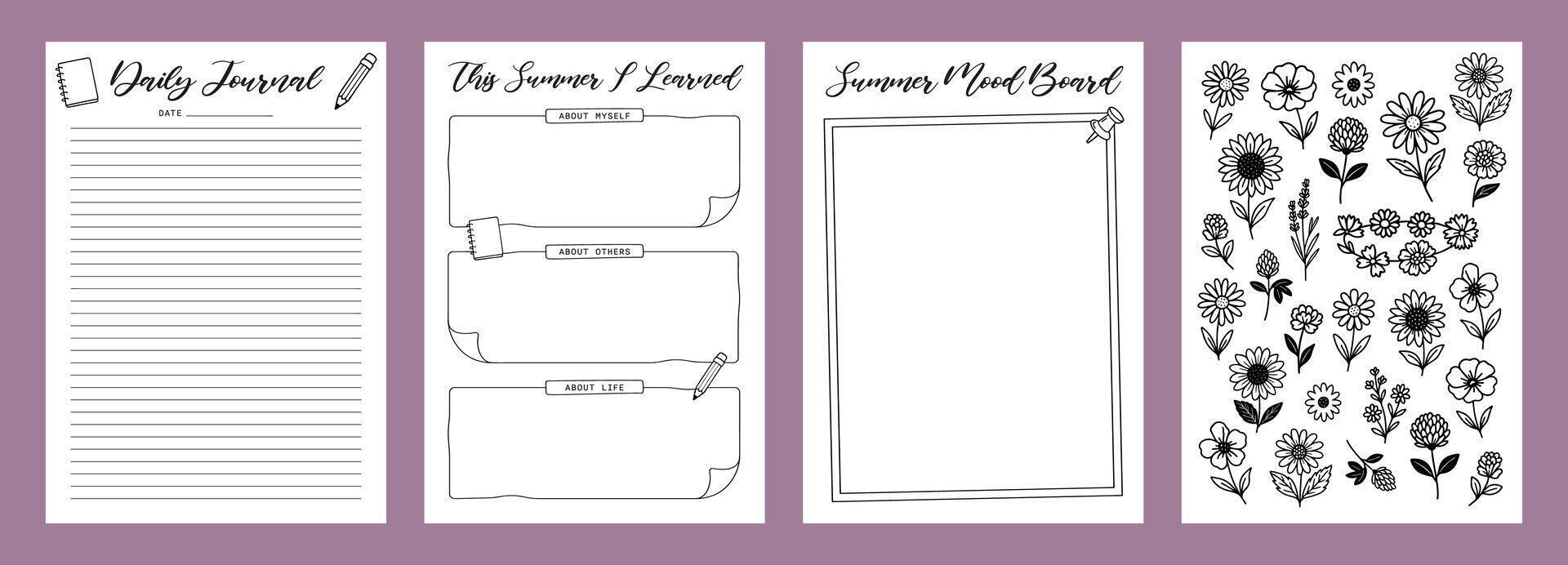 Set Summer Journal Printable Planner Page Template, Illustration, A4 and A5 Sizes, Hand Drawn Doodle Style. Planner pages bullet journal A5 A4 format vector