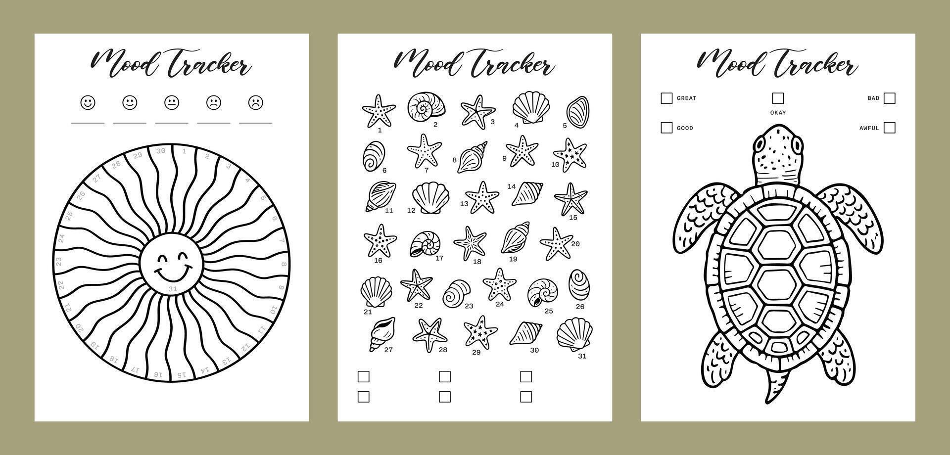 Mood tracker Set Summer Journal Printable Planner Page Template, Illustration, A4 and A5 Sizes, Hand Drawn Doodle Style. Planner pages bullet journal A5 A4 format vector