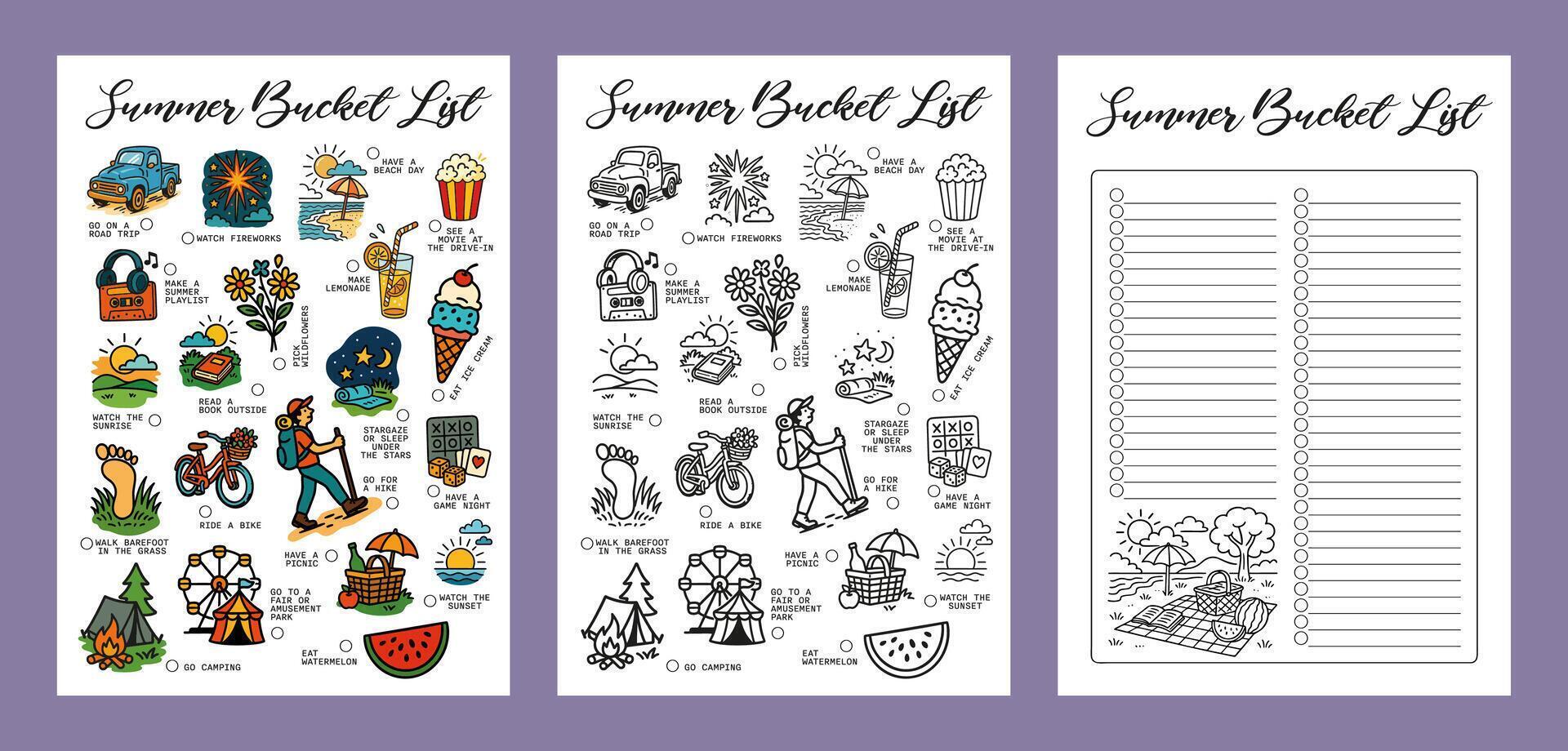 Summer bucket list Set Summer Journal Printable Planner Page Template, Illustration, A4 and A5 Sizes, Hand Drawn Doodle Style. Planner pages bullet journal A5 A4 format vector