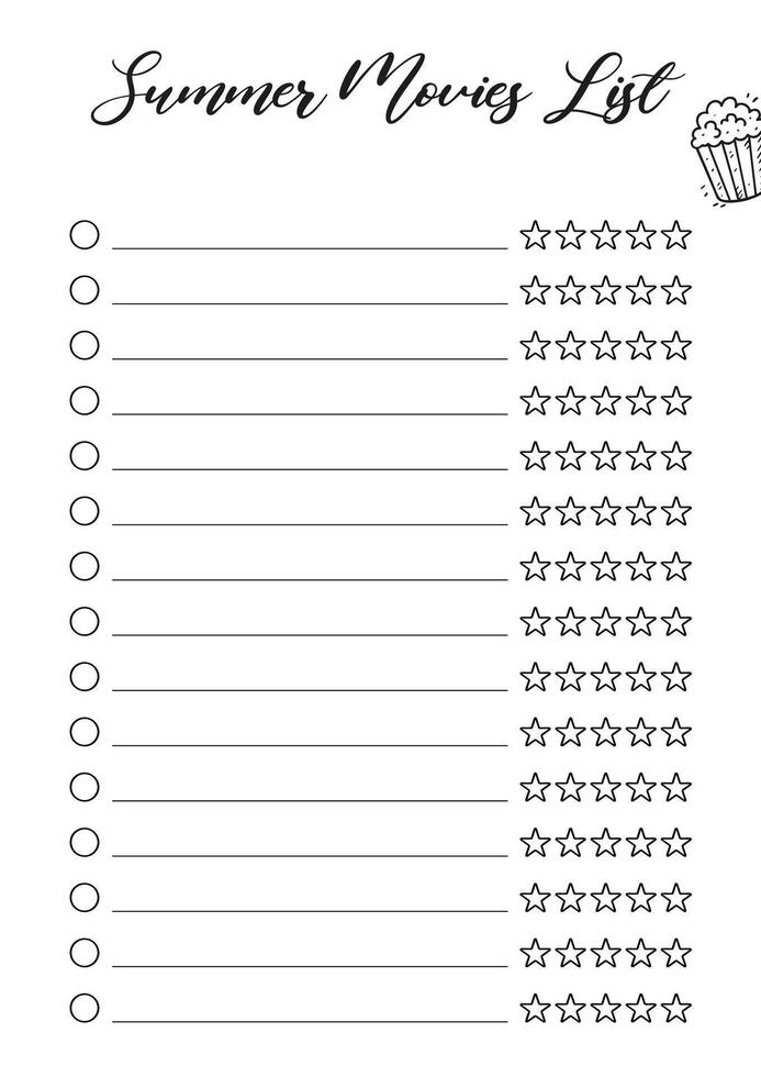 Summer movie list Journal Printable Planner Page Template, Illustration, A4 and A5 Sizes, Hand Drawn Doodle Style. Planner pages bullet journal A5 A4 format vector