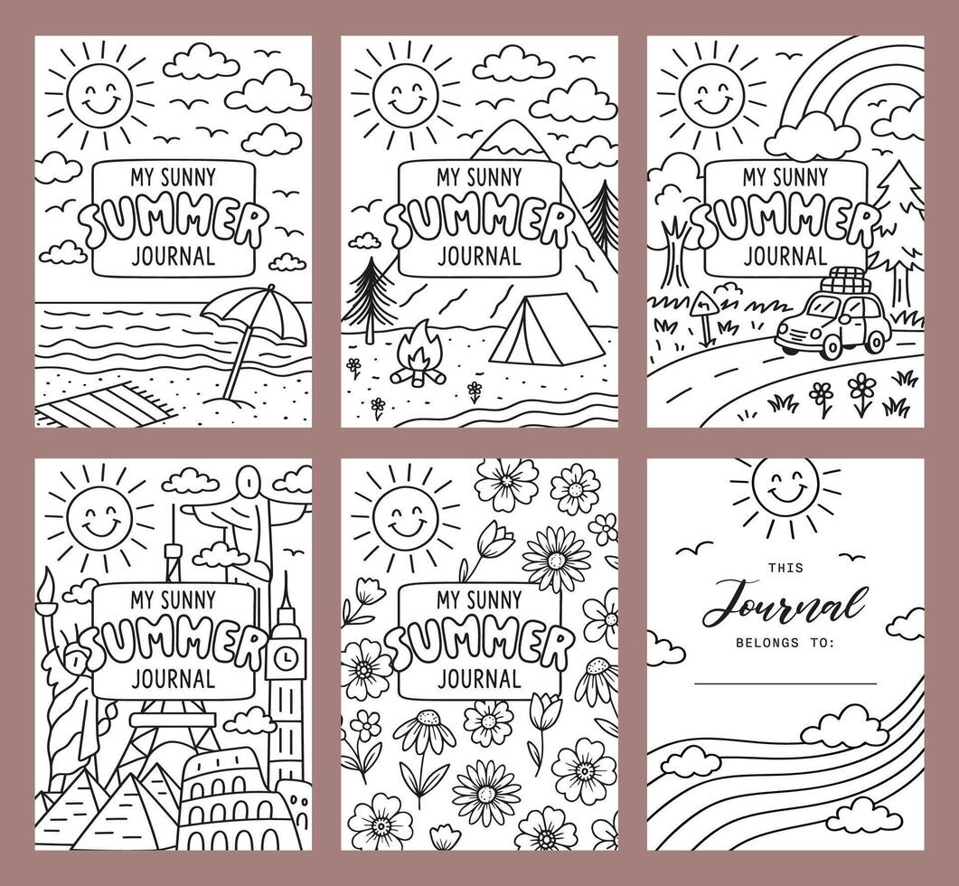 Cover page Set Summer Journal Printable Planner Page Template, Illustration, A4 and A5 Sizes, Hand Drawn Doodle Style. Planner pages bullet journal A5 A4 format vector