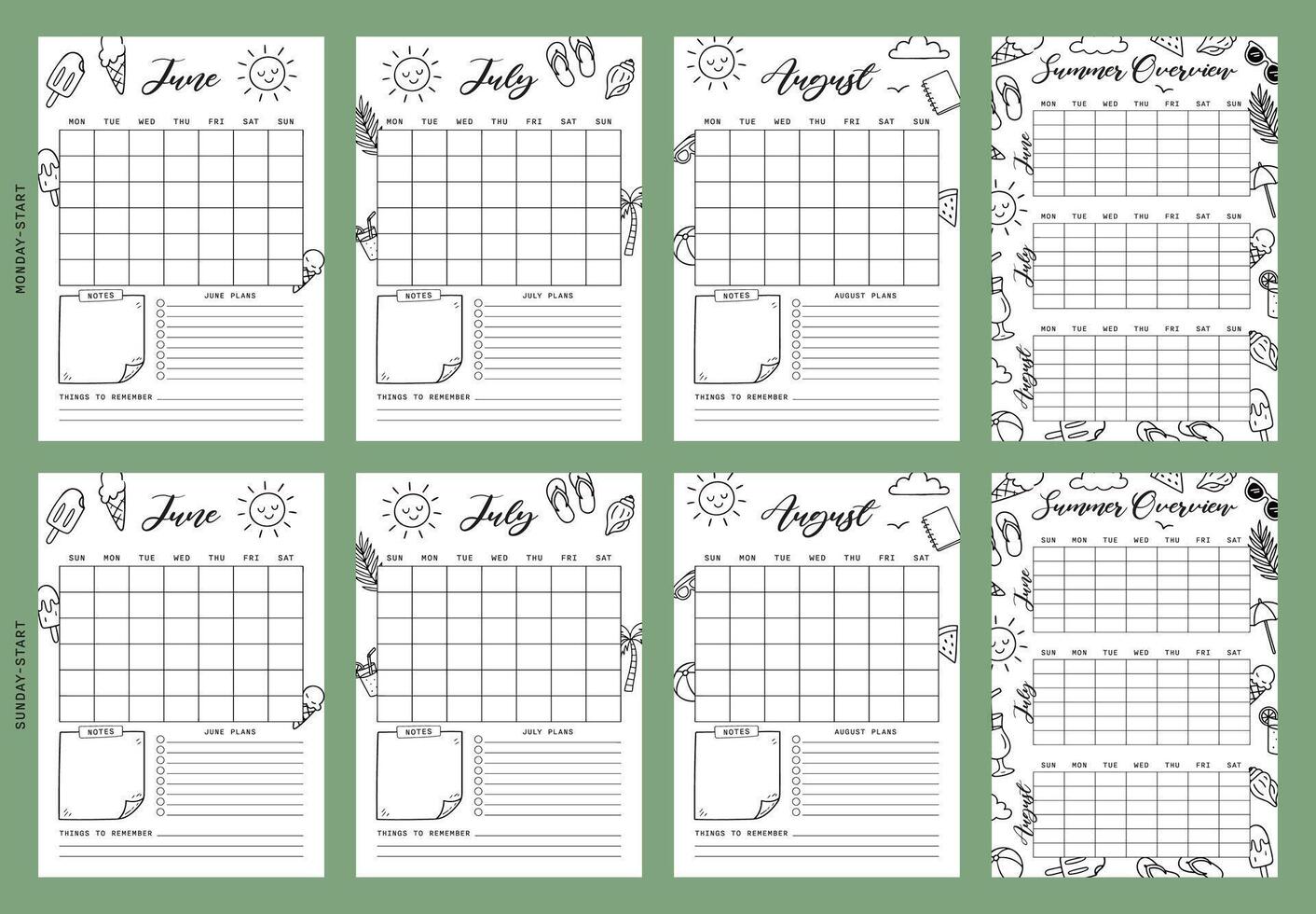 Calendar Set Summer Journal Printable Planner Page Template, Illustration, A4 and A5 Sizes, Hand Drawn Doodle Style. Planner pages bullet journal A5 A4 format vector