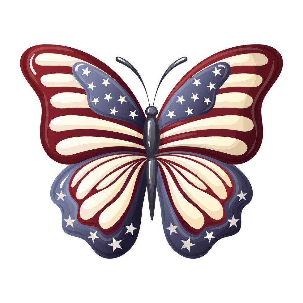 Butterfly patriotic illustration with american flag color wing in cartoon style. Colorful graphic design with stars and strips for 4th july party. Perfect for Independence day tshirt design. vector