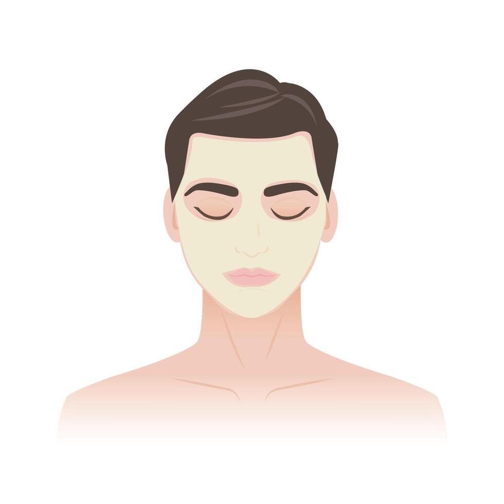 The man with face mask spa illustration isolated on white background. The man apply peeling mask for oily skin, facial treatment mask, beauty face mask. Men skincare routine concept. vector