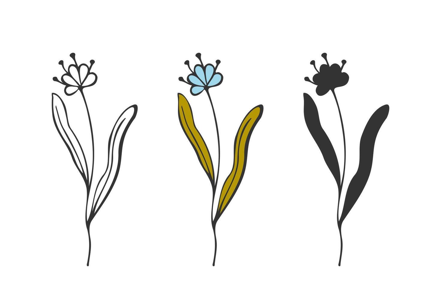 Set of flower style, doodle outline and silhouette hand drawing, logo, icon, botanical design element, isolated on white background. vector