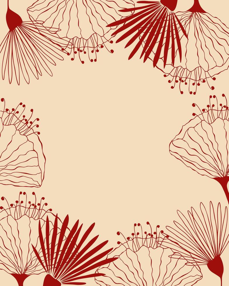 Border frame with red flowers outline on creme background, greeting card. Template for wedding, invitation, holiday. Place for inscription. vector