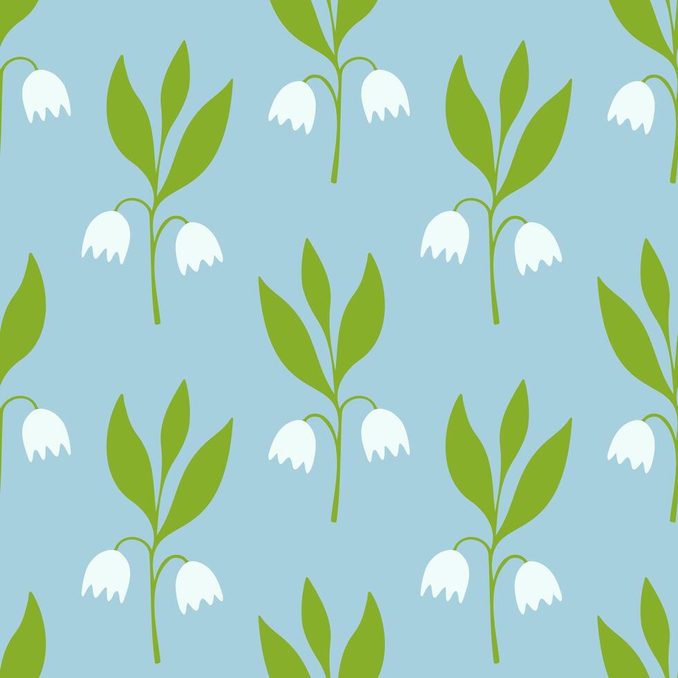 Lilies of valley Convallaria pattern on blue background, doodle flowers. Floral summer pattern, forest glade. For background, wrapping, wallpaper, packaging. vector