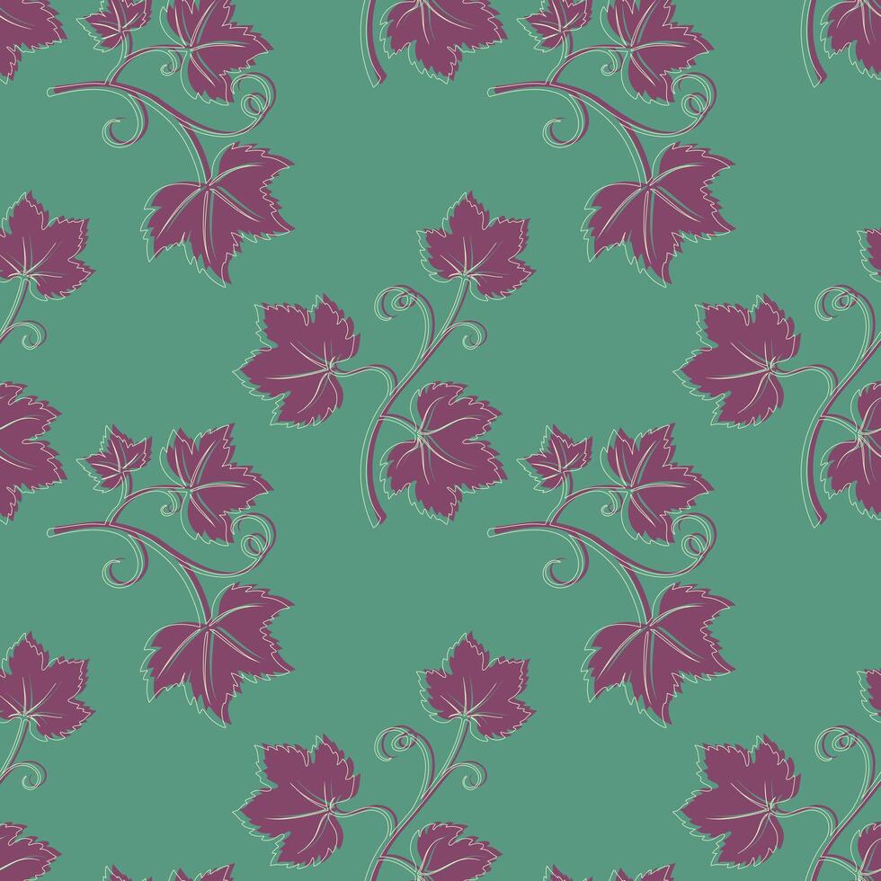 Grape vine with leaves pattern, burgundy vine silhouette on turquoise green background. vector