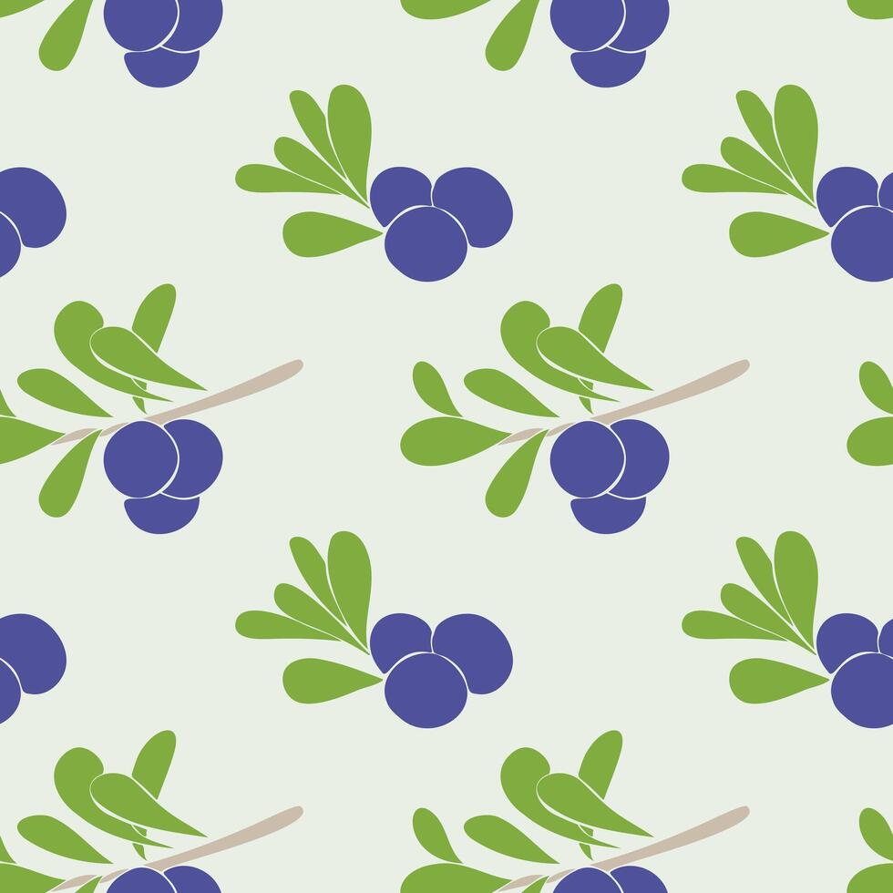 Blueberry pattern with branches, leaves and blue berries on light green background vector