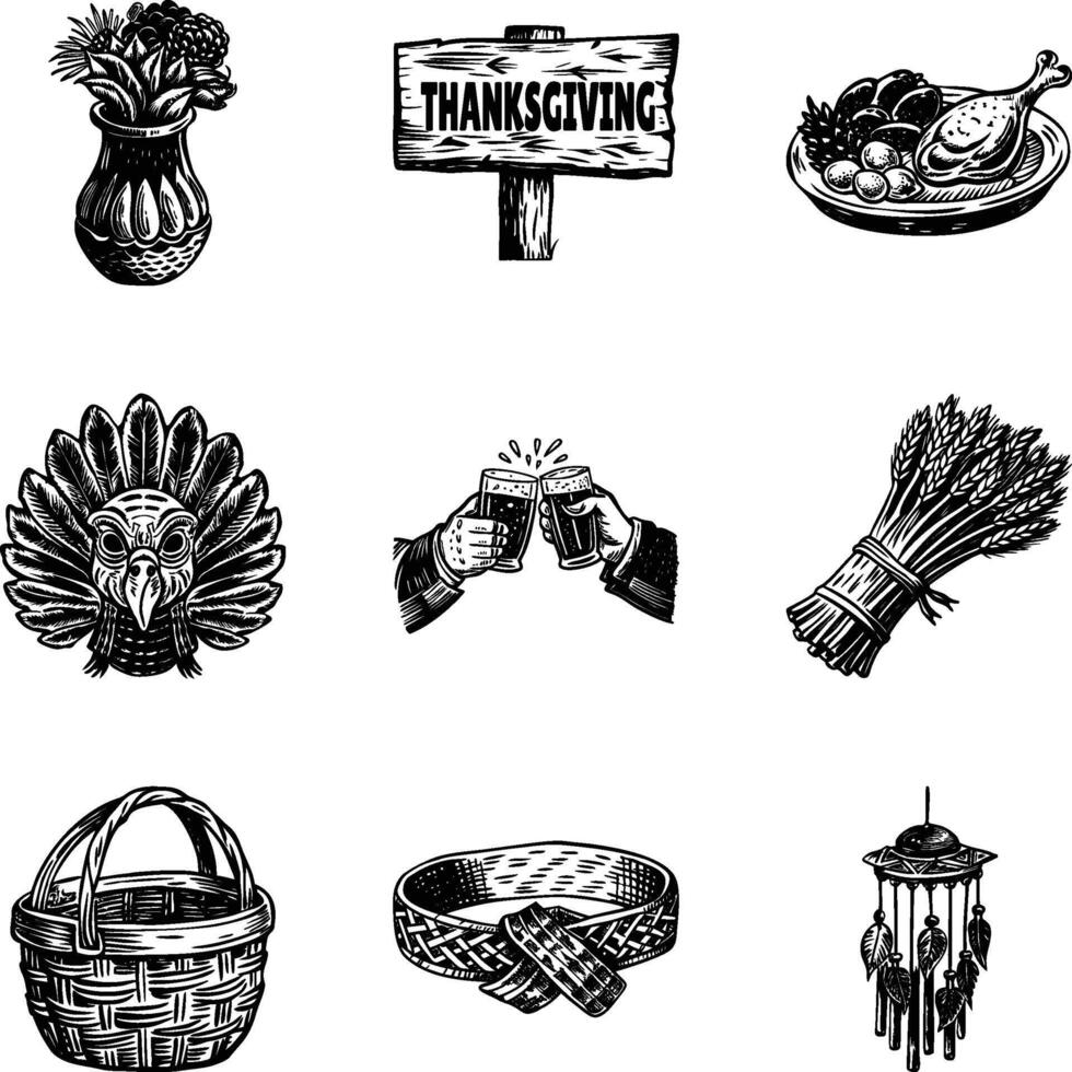 Pack of Thanksgiving Festival Vintage Illustrations vector