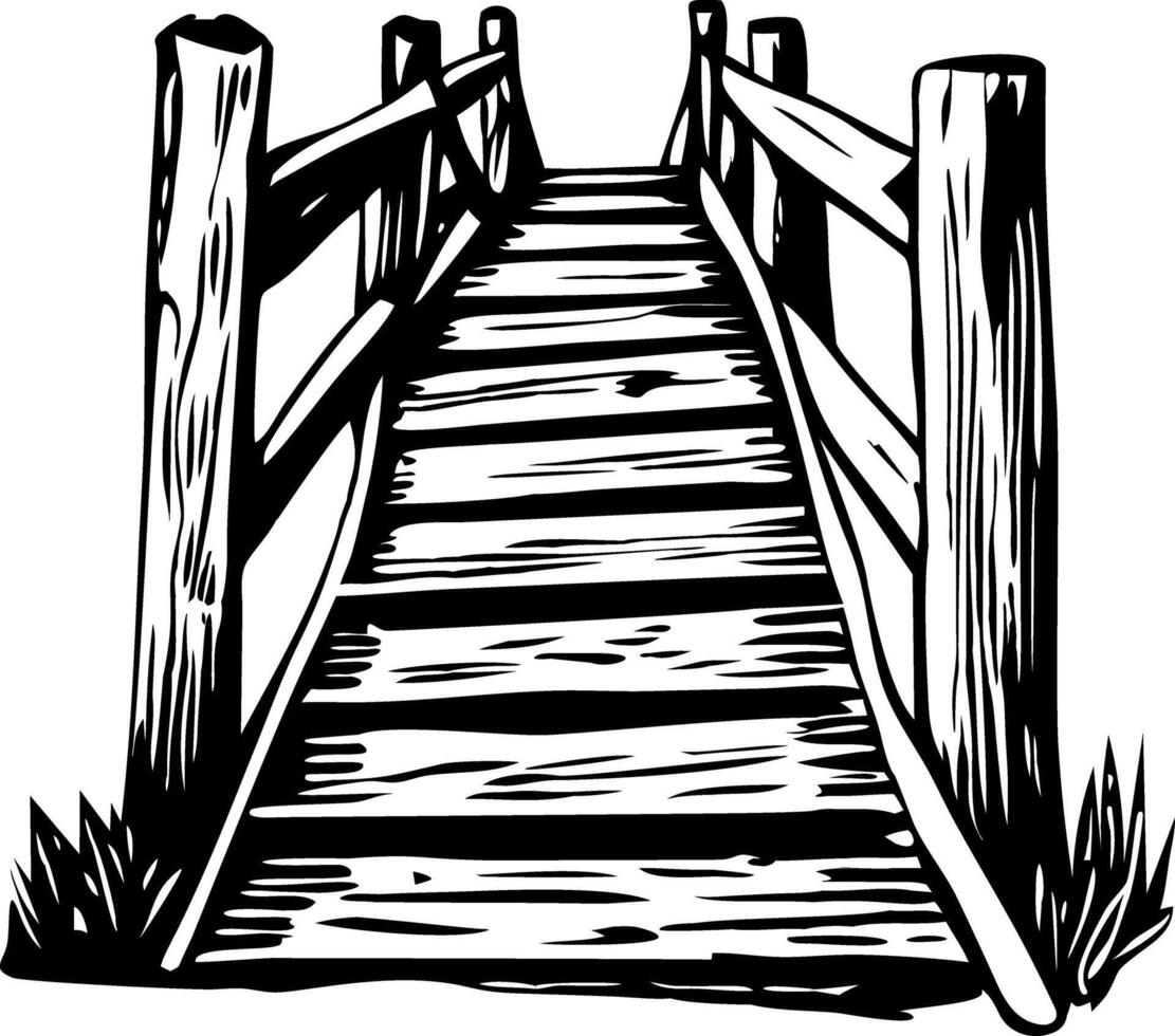 A sketchy style icon showing rustic wooden bridge vector