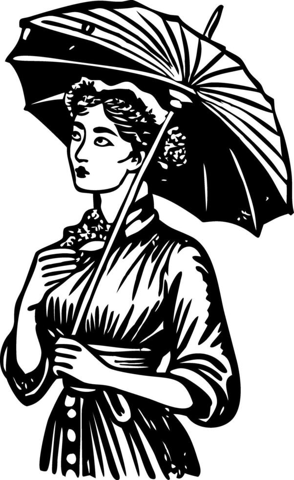 A vintage style icon showing a person holding umbrella vector
