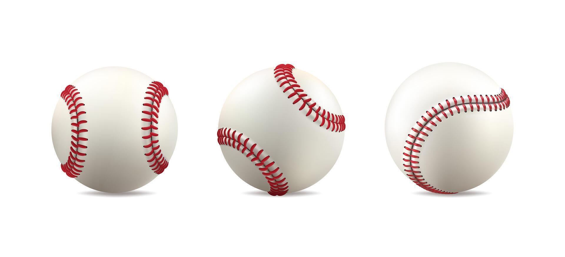 Baseball ball clipart. Set of white leather softball, vintage red stiches line . 3d isolated mockup. Player equipment mockup team logo. Realistic fastball catch drawing, sport club element vector