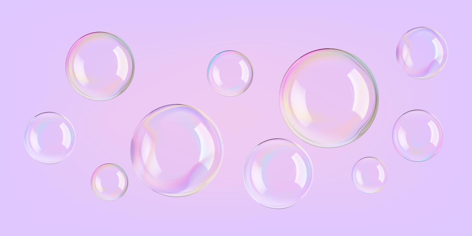 Soap bubbles float 3D on pink water background. Glossy translucent rainbow-colored serum gel drops. Light collagen face purifier hyaluronic smudge droplet. Fizz drinks, magic ball luxury glass effect. vector
