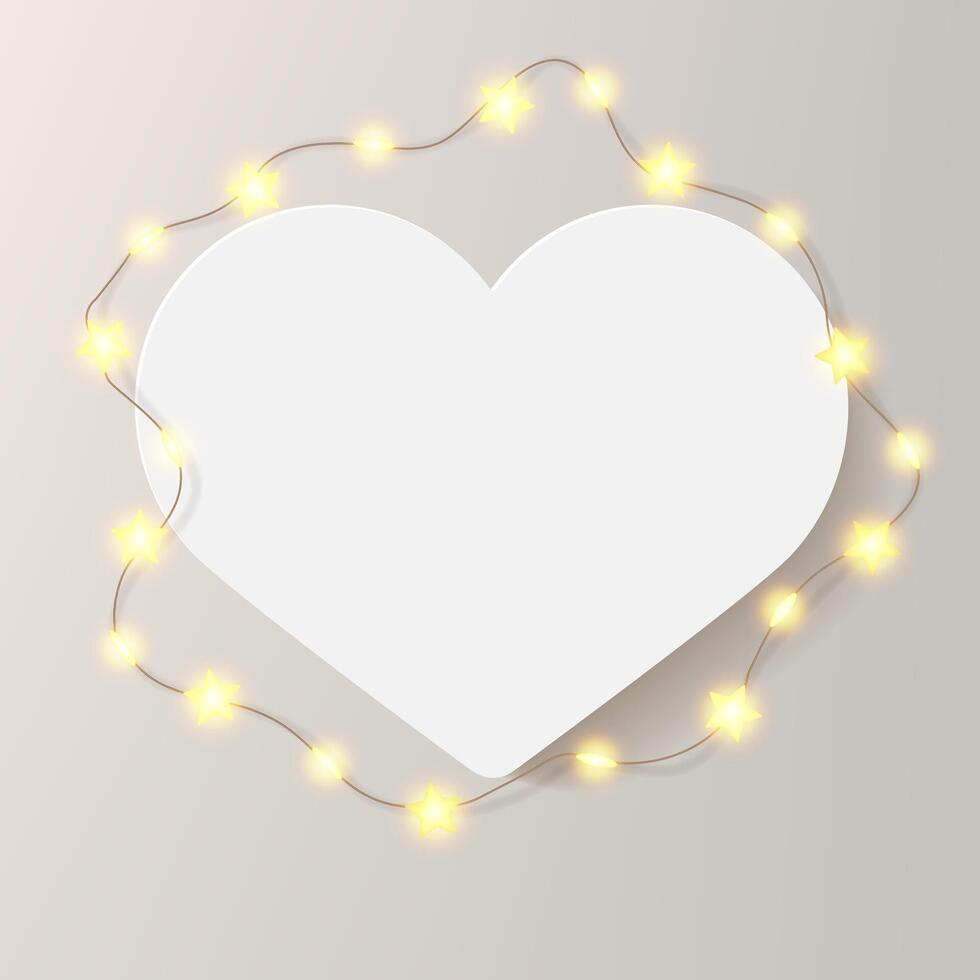 Heart shape picture frame. White card with wreath of shiny star light bulbs. Love message, birthday congrats, soft beige festive luxury bg. Realistic photo mockup, decorated with Christmas garland vector