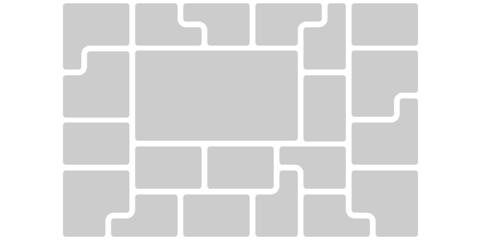 Mosaic montage grid template, Visual brick wireframe of geometric blocks layout. Composite chaos shapes for photomontage modern collection. Statistic software bento website design slide technology. vector