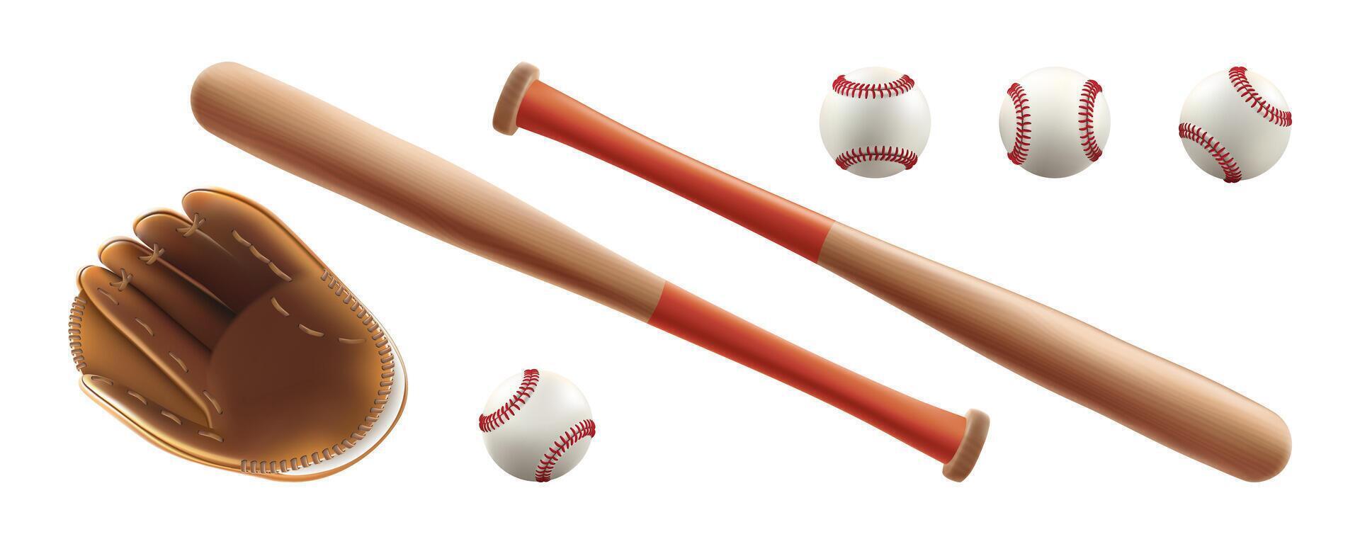 Basebal wooden bat, leather glove. 3d ball red lace stiches line. Vintage sport game mockup. Wood stick tool, pitcher white softball realistic seams. Brown mitt major team emblem vector