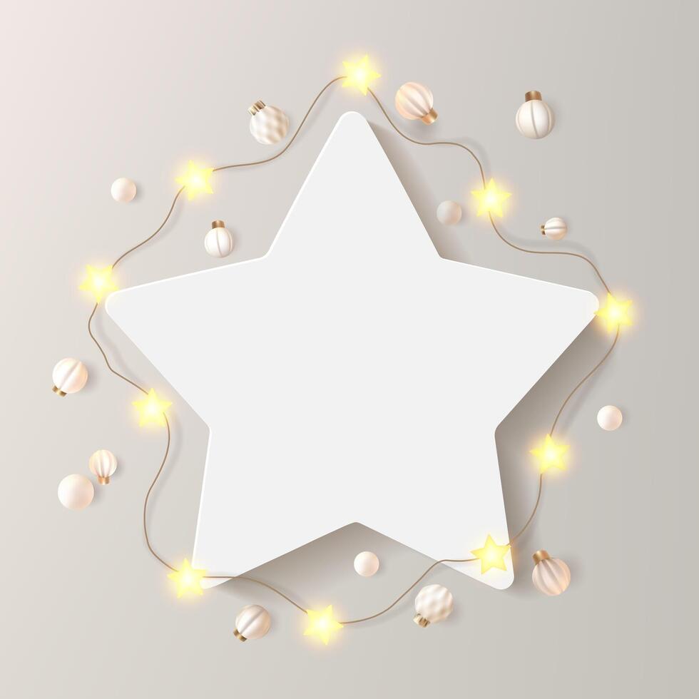 Star picture frame on beige bg, decorated with balls, glowing garland. White empty Christmas card mock up, festive greeting border, winter party invitation. Neutral decorative gallery leaflet vector