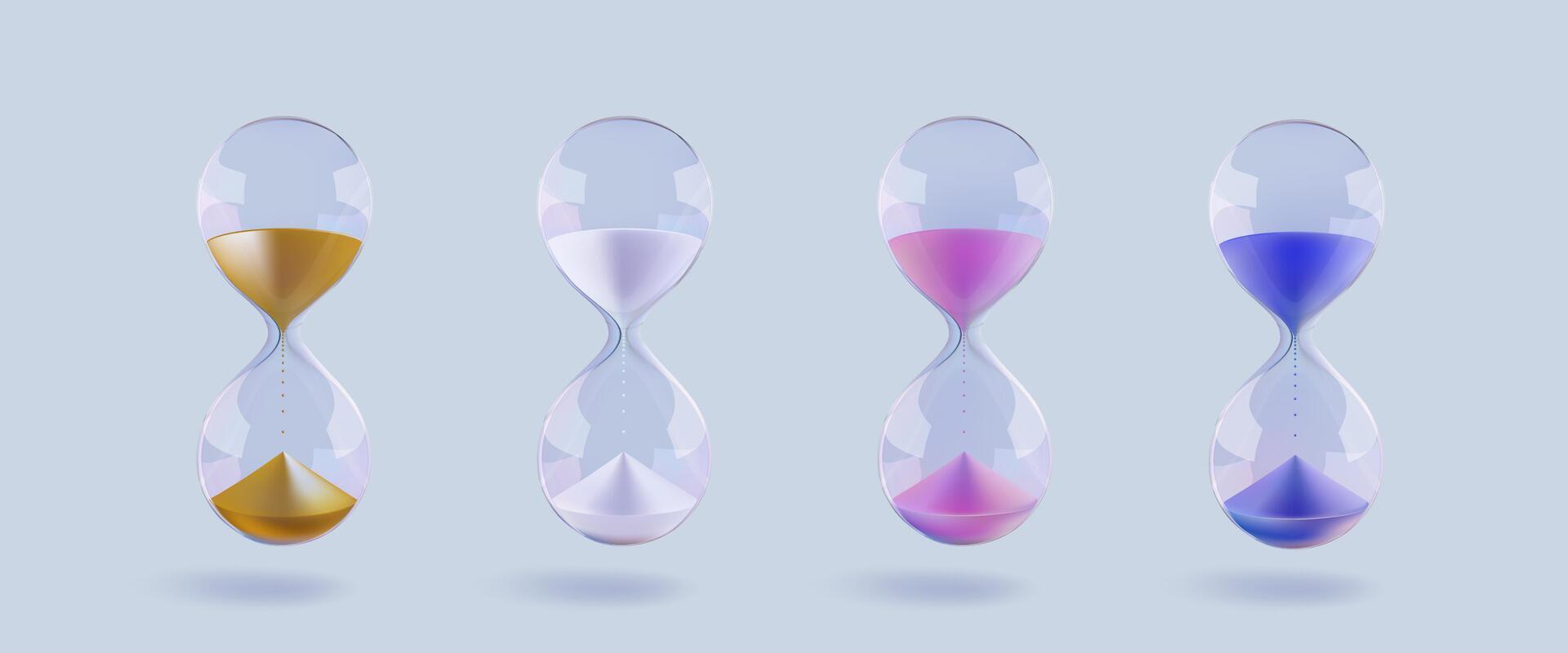 Hourglass, pink gold sand glass clock. Sandglass blue white game 3d vintage concept. Hour budget watch countdown. Pension, revenue payment timer icon. Abstract realistic time management deadline vector
