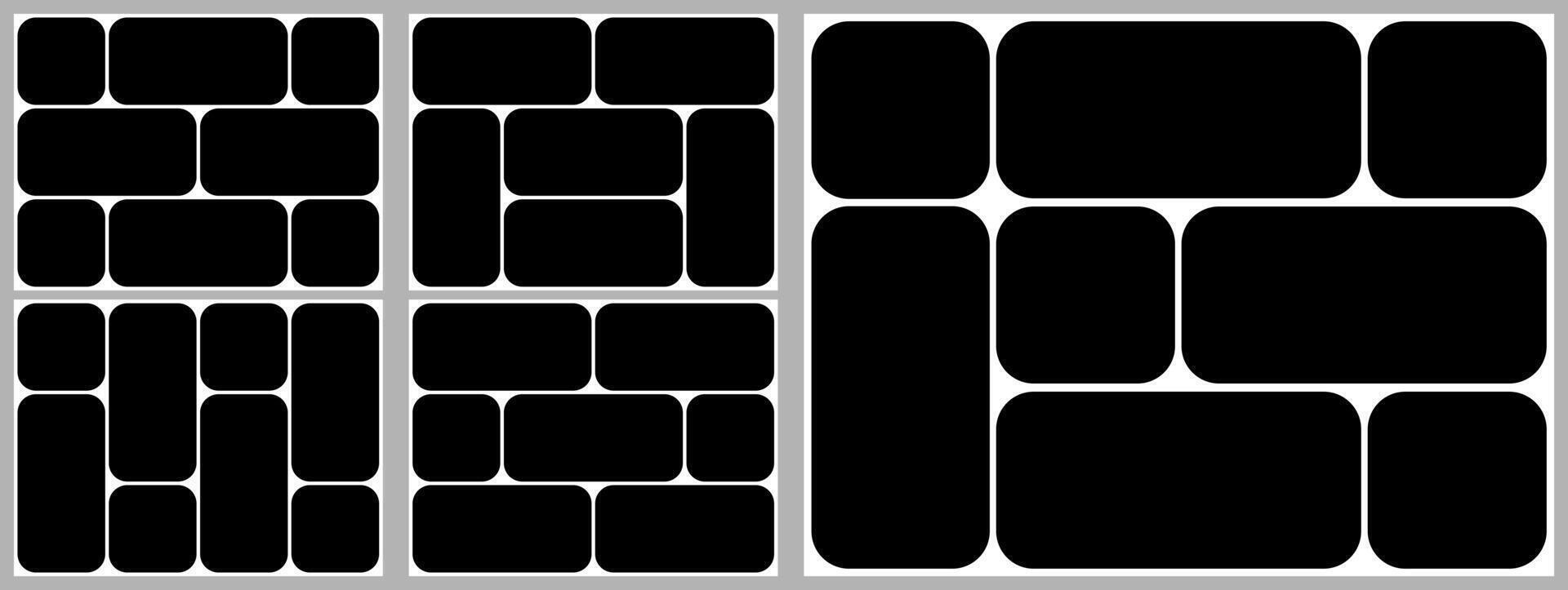 Collage grid mosaic. Template for photo bento box layout. Brutalist shape post design, Image poster montage board. Abstract brochure rounded square circle gallery. modular album geometric page vector