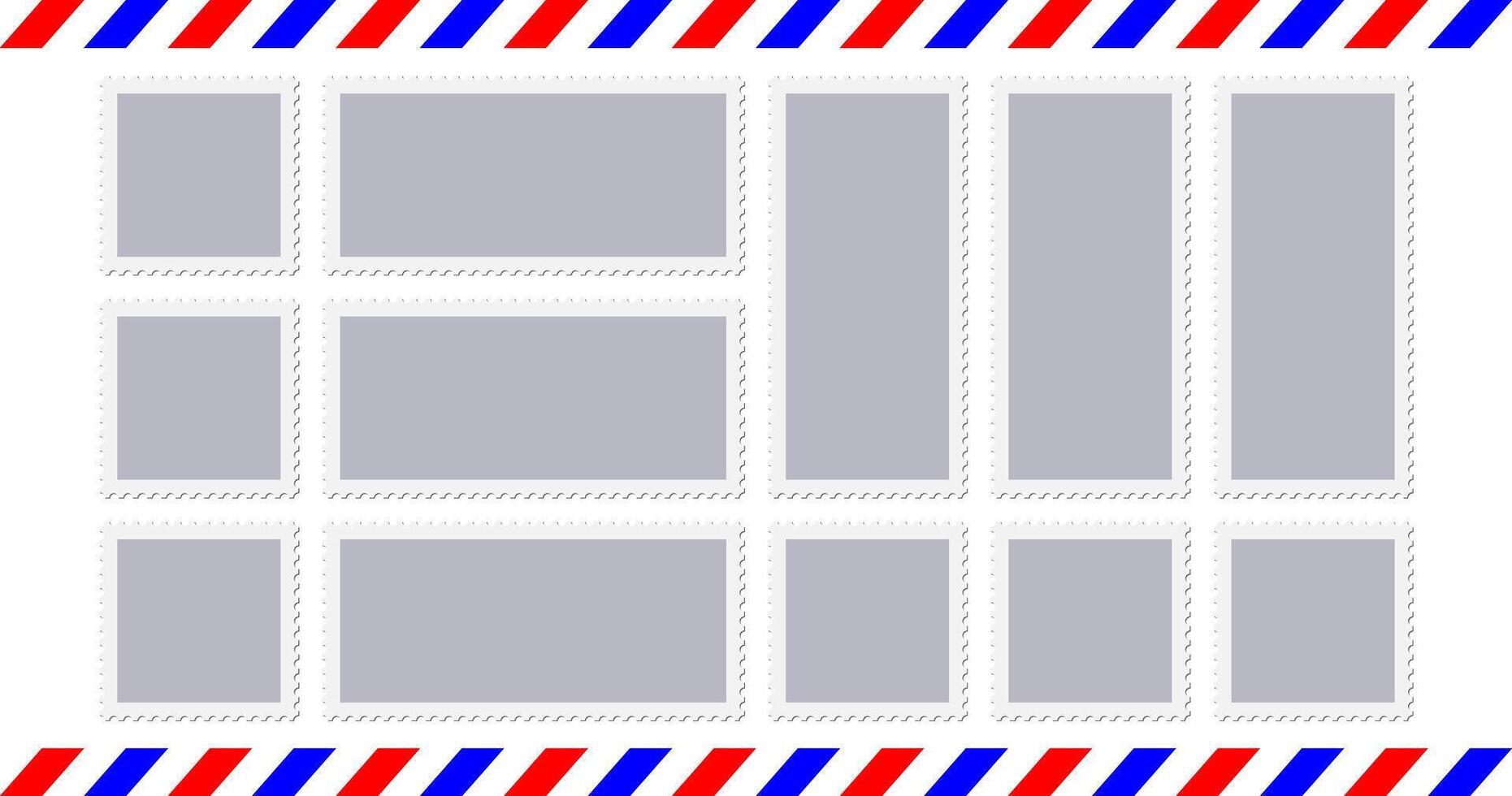 Postage stamp set. Postcard vintage seal, post letter. Postcard sticker. Paper mail envelope, old travel mark. Square rectangular shape, vintage jagged. Perforated edges, air delivery border vector