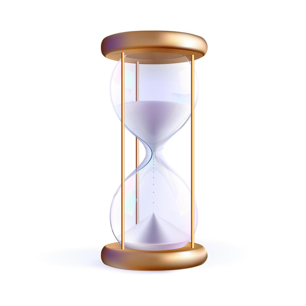 White sand hourglass, glass clock. Hour budget countdown watch. Sandglass game 3d concept. Cute gold simple timer icon. Abstract realistic wait time icon. Classic urgent task, flowing time vector