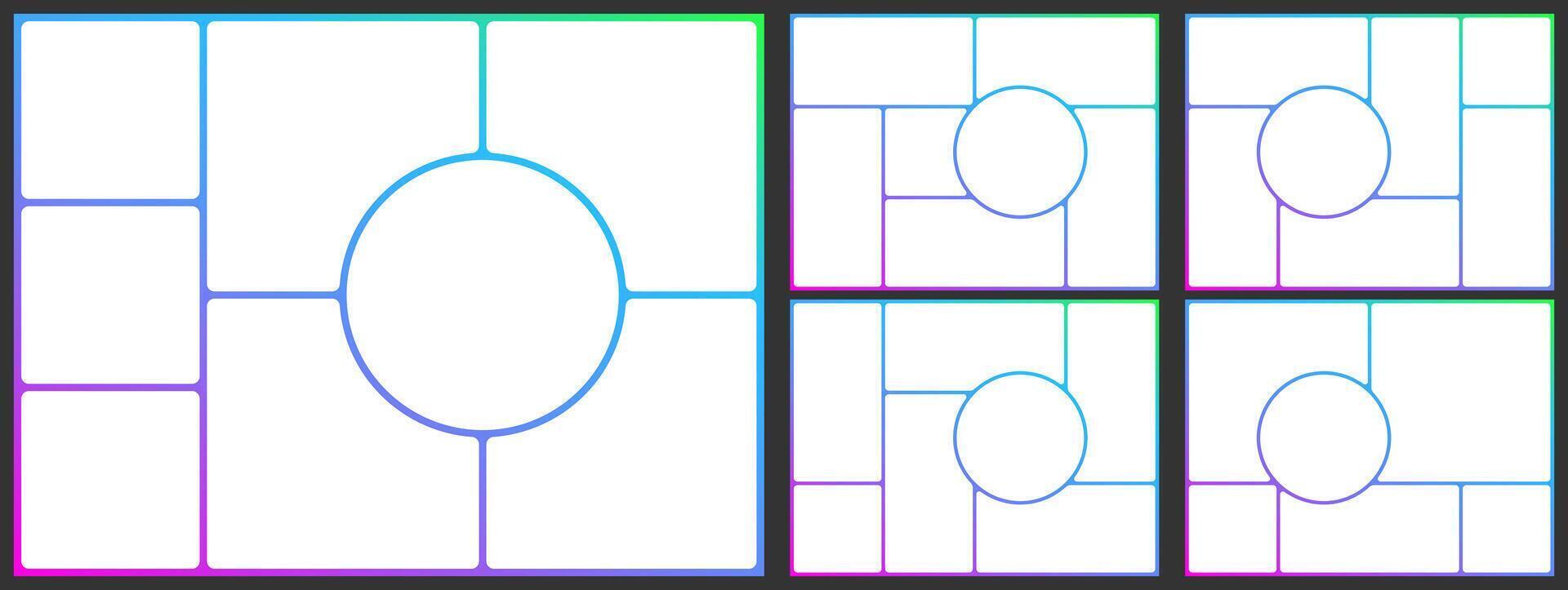 Brutalist bg, bento box grid. Photo post template layout. Presentation slide moodboard design. Brochure collage rectangular style gallery. Round shape modular mosaic hierarchy. Comic poster y2k vector
