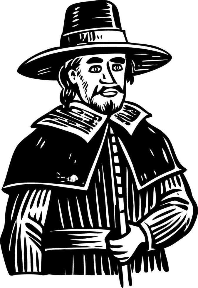 A vintage illustration depicting smiling pilgrim man vector