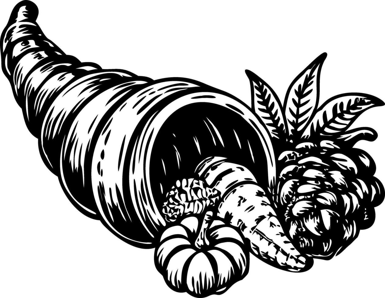 A vintage illustration depicting cornucopia with harvest goods vector
