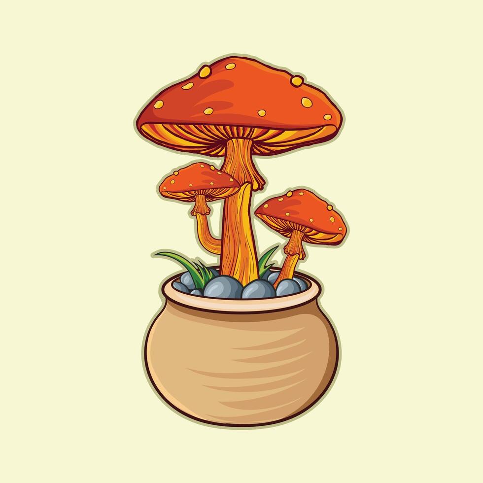 Mushroom colorful vintage hand drawing with top design vector