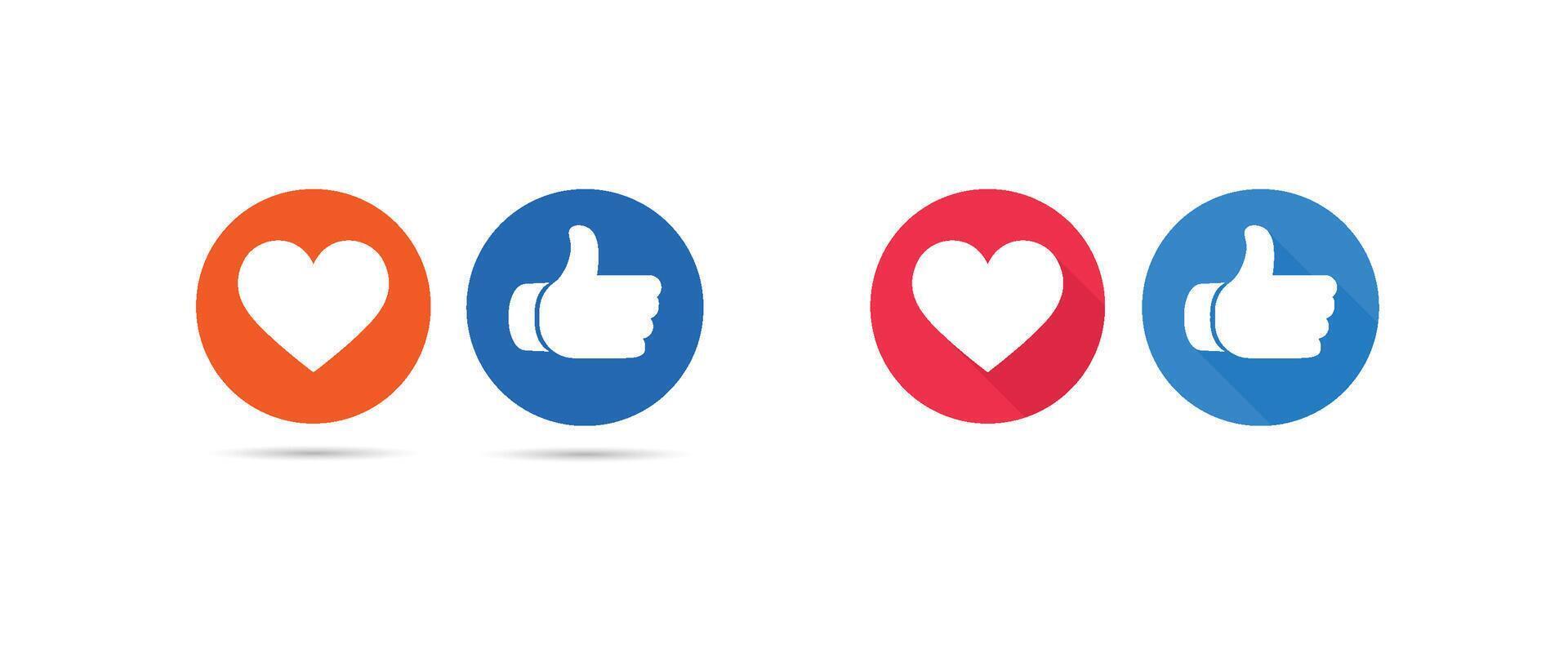 Social media like and heart icons. Thumbs up and heart icon in different colors. vector