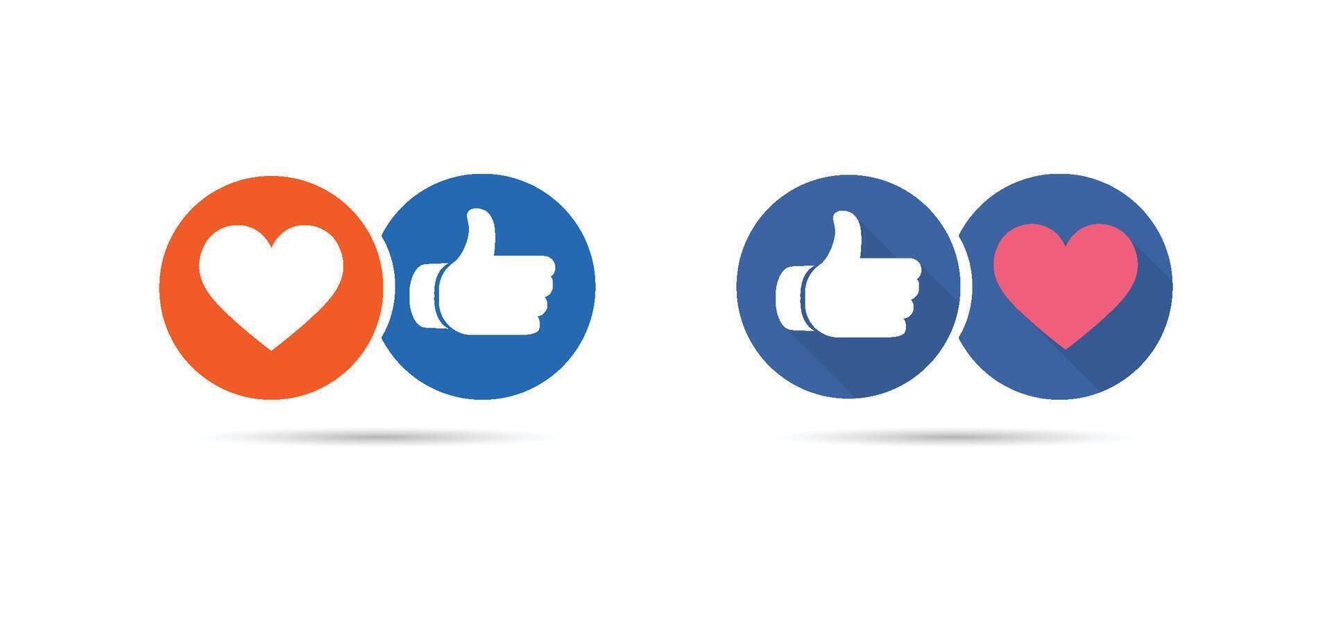 Social media like and heart icons. Thumbs up and heart icon in contrasting colors. vector