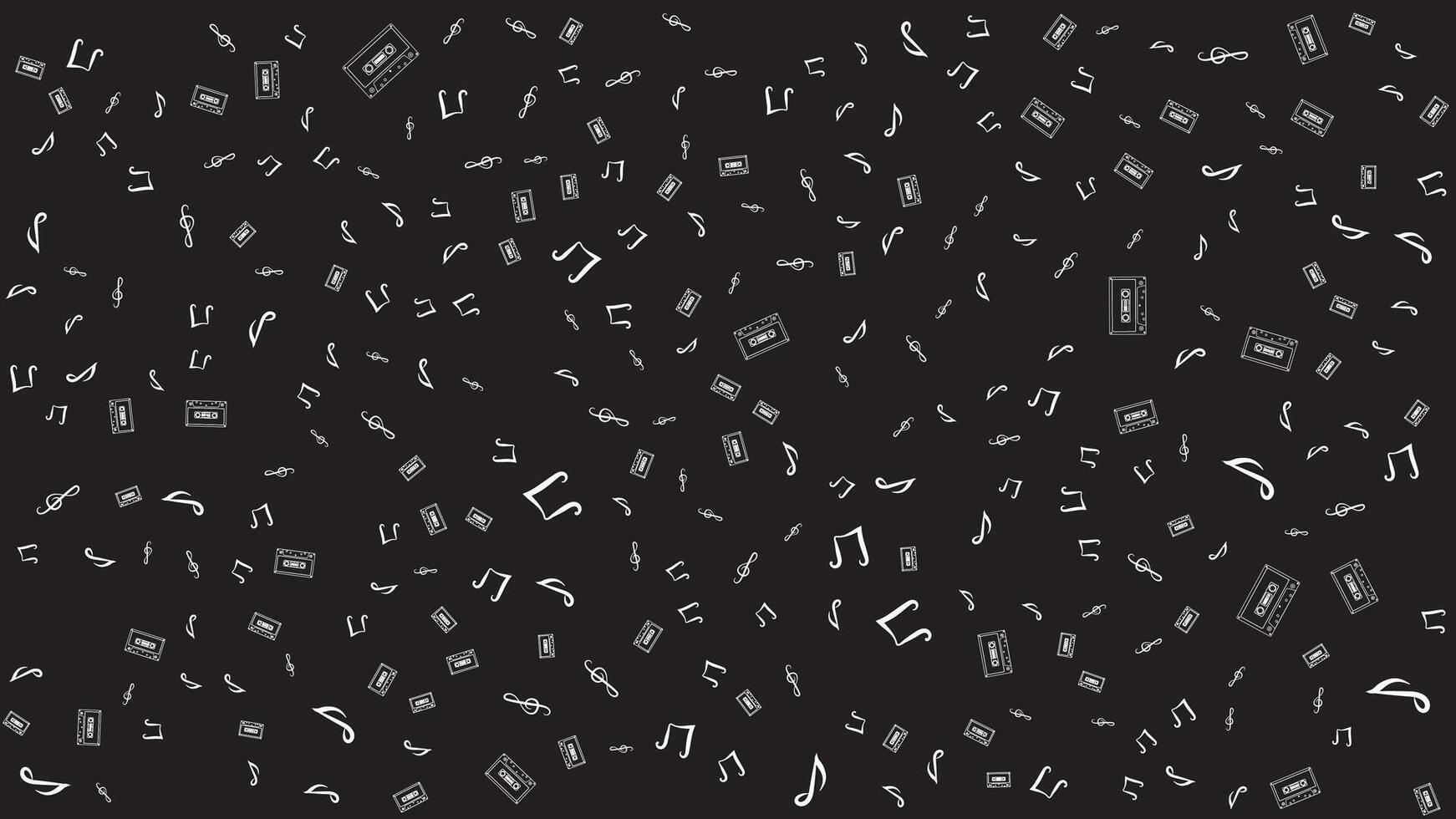 Seamless Retro Cassette Tape and Music Note Pattern on Black Background for Vintage Design vector