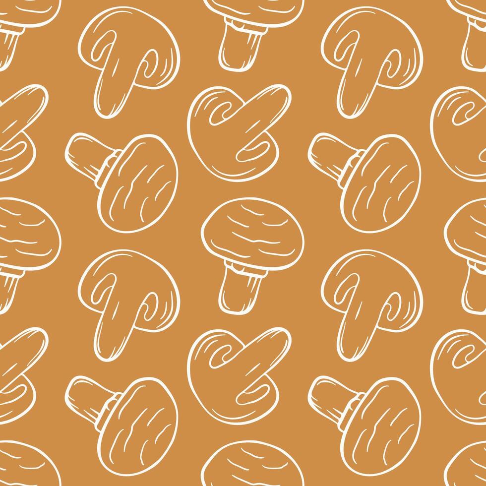 Champignon mushroom seamless pattern in line art style. Great for menu, label, packaging, recipe. illustration on a brown background. vector