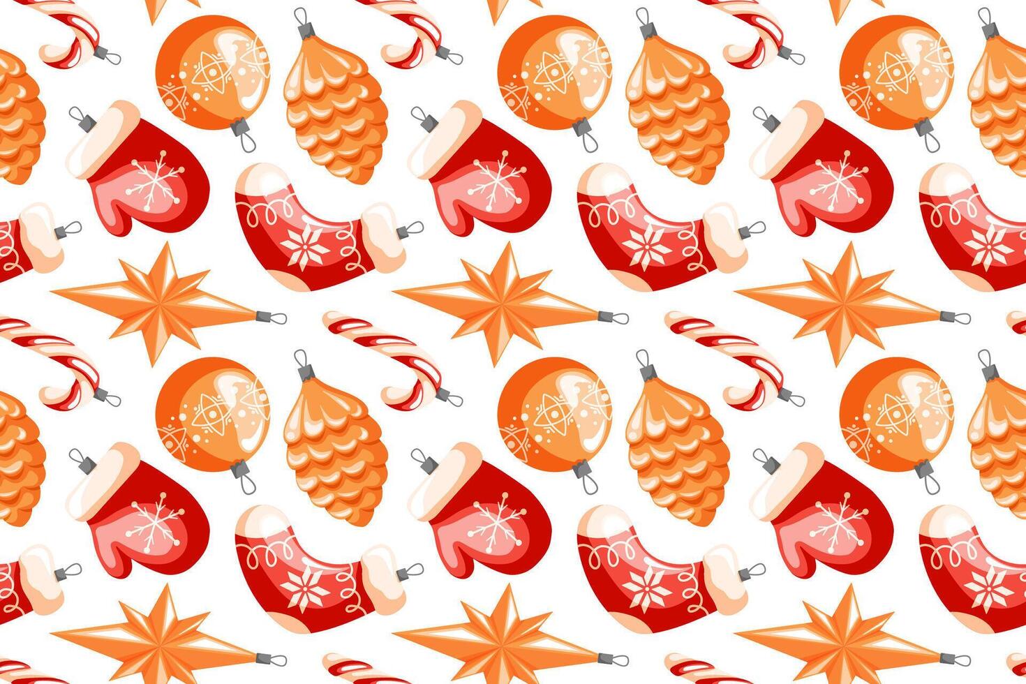 Seamless pattern with Christmas tree decoration in cartoon style. Repetitive New Year baubles print in shape of pine cone, mitten, sock, candy cane, star on a white background. vector