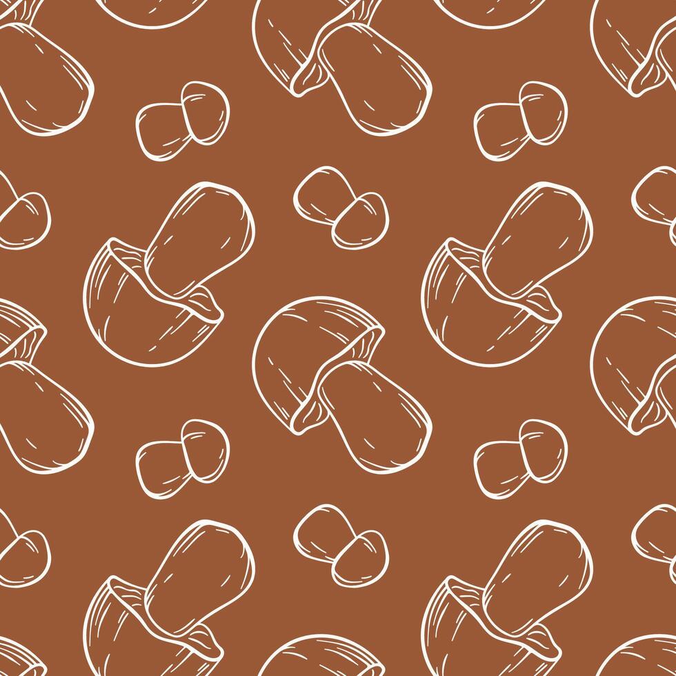 Seamless line art style porcini mushroom pattern on brown background. Ideal for organic food packaging, autumn theme, forest product and culinary or botanical design. vector