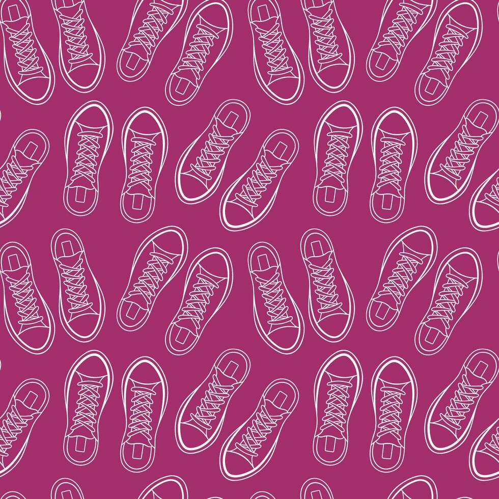 Seamless pattern of line art style sneakers on purple background. Great for fashion textile, sportswear urban print, street style wrapping paper or teenage accessories design. vector