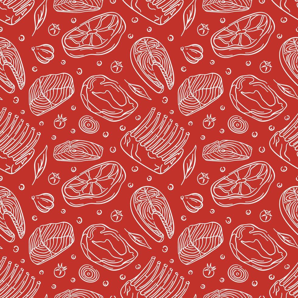 Seamless meat pattern with line art style steak meat and fish, ribs, herbs, garlic, onion on red background. Ideal for butcher packaging, food design and restaurant menu. vector