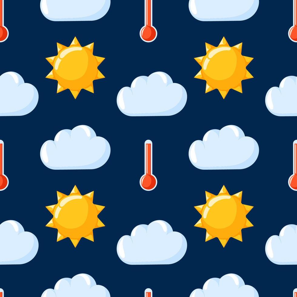 Cloud with sun and thermometer seamless pattern in cartoon style. Hand drawn weather, forecast background. Design for nursery wallpaper, wrapping. vector