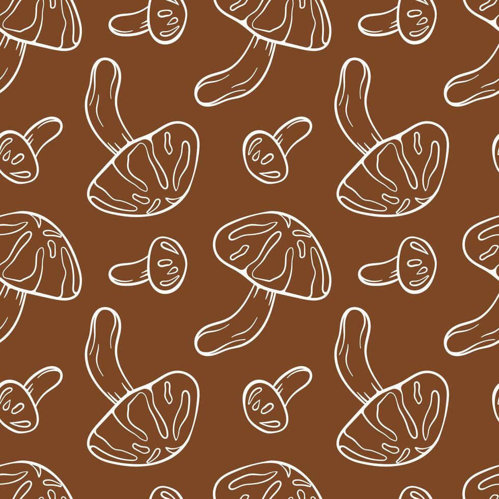 Seamless pattern with Shiitake mushroom in line art style. Autumn design for wrapping paper, wallpaper, textile on a brown background. vector