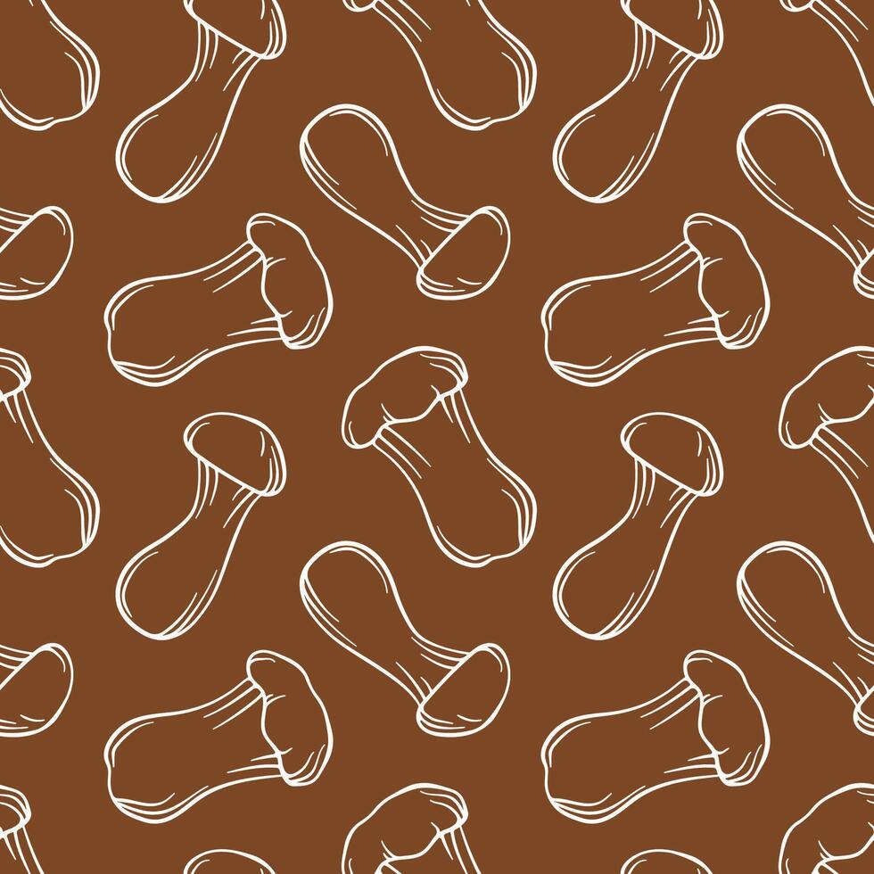 Seamless pattern with King Trumpet Oyster mushroom in line art style. Autumn design template for textile, wallpaper, print on a brown background. vector